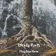 A gnarled tree trunk with roots gripping a mossy rock in front of a misty waterfall, the cover art for Steady Roots